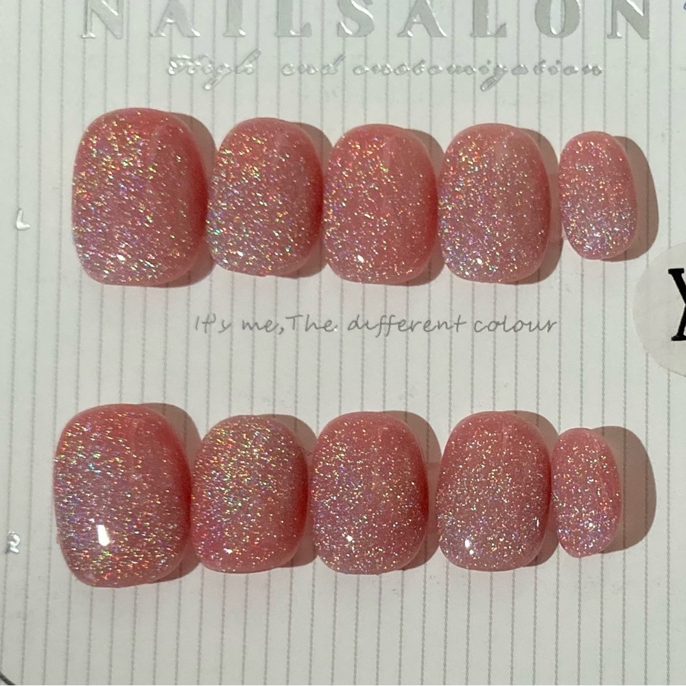 [XS] 10Pcs Handmade Wearable Press on Nail Full Cover Short Pink Rainbow Cat-eye